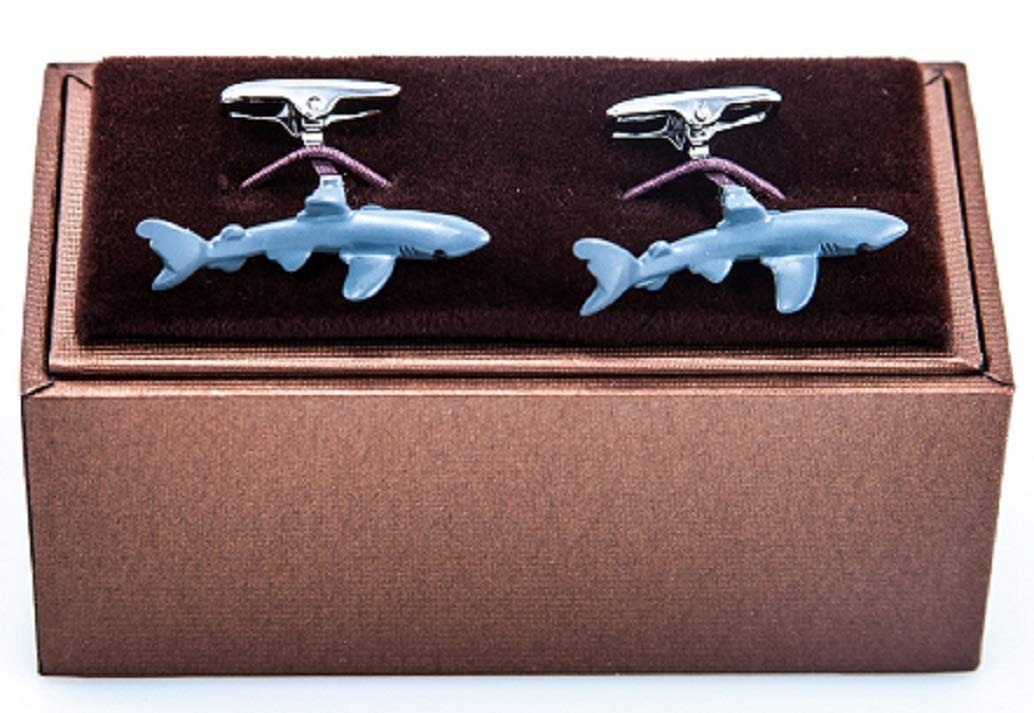 mrcuff Shark Hand Painted Pair Cufflinks in a Presentation Gift Box & Polishing Cloth-picture-1