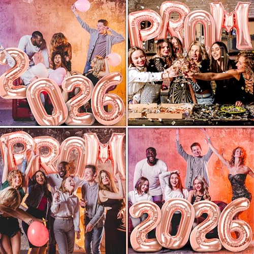 Image of Prom 2026 Balloons Rose Gold 32 Inch Giant - Prom 2026 Decorations Decor for Graduation Party Foil Mylar Balloons Banner Sign