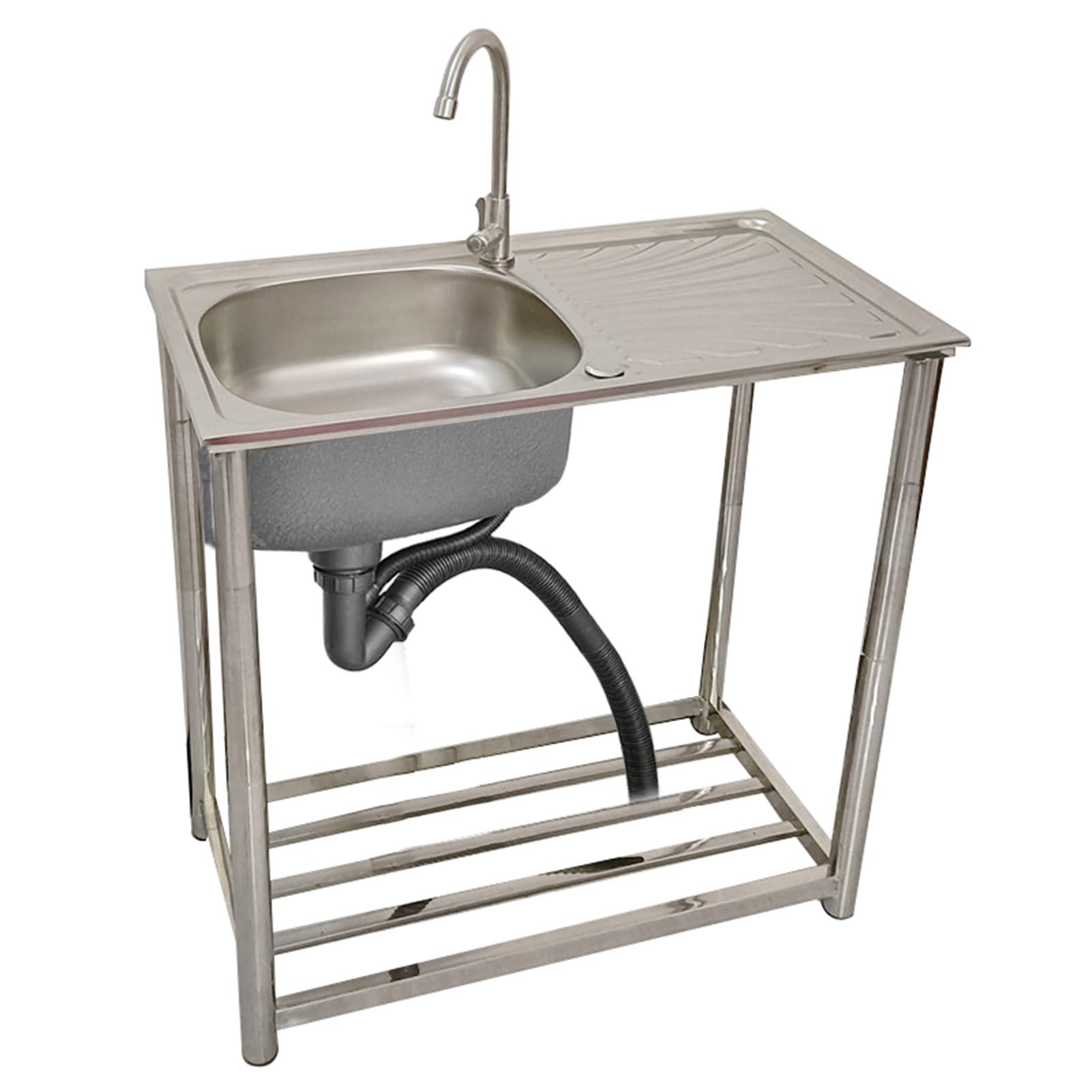 Évier de Cuisine Professionnel autoportant en Acier Inoxydable à Une cuve avec Robinet d'eau Chaude et Froide, étagère de Rangement, Plan de Travail pour la préparation et Le lavag