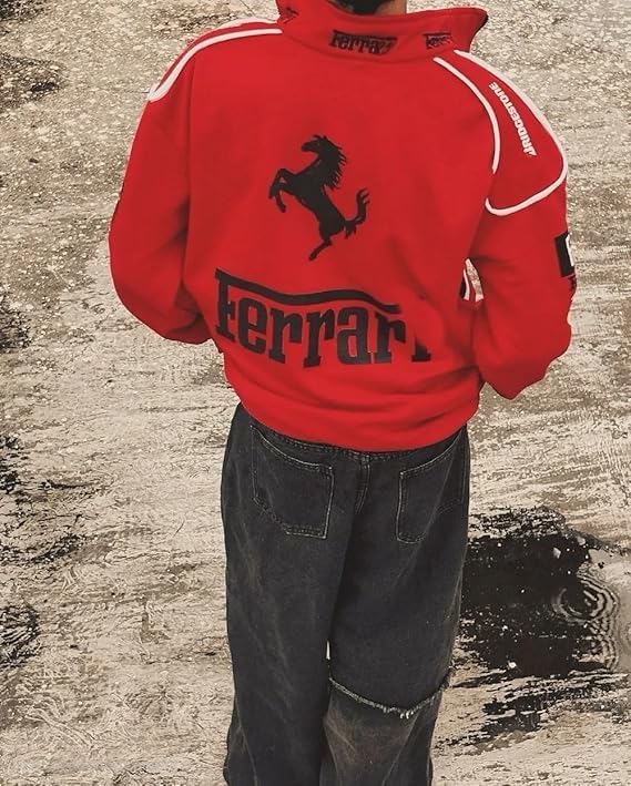 Image of Red F1 Speed Printed Jacket | Motorsport & Streetwear Fusion | Racing Sport Jacket for Men | Bomber Motorsports Vintage Jacket for Women