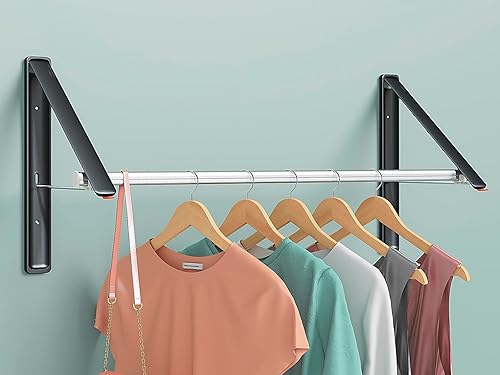 Miniatura 9 de SKIKEN Tendedero de ropa doble blanco con barra de extensión, colgador de ropa delgado plegable montado en la pared, perchero colgante plegable