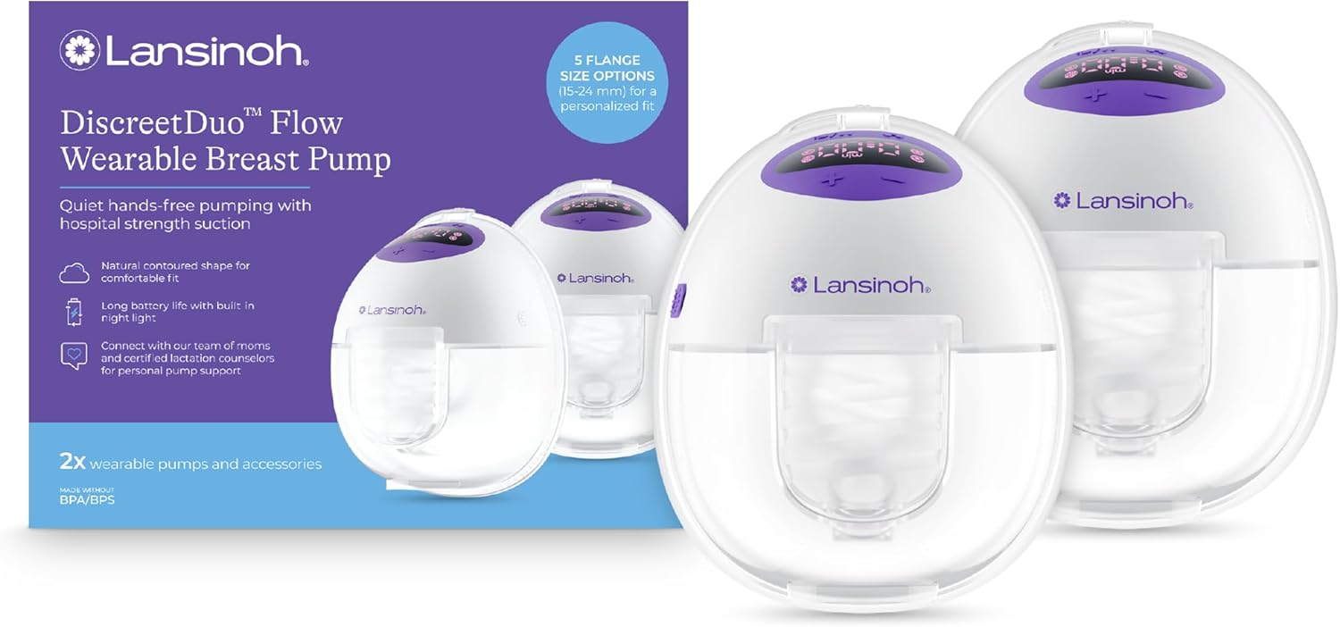 Lansinoh DiscreetDuo Flow Wearable Breast Pump | Hands-Free Electric Pump, Quiet & Rechargeable | Hospital-Grade Suction with Multiple Flange Sizes | Breastfeeding & Pumping Essentials