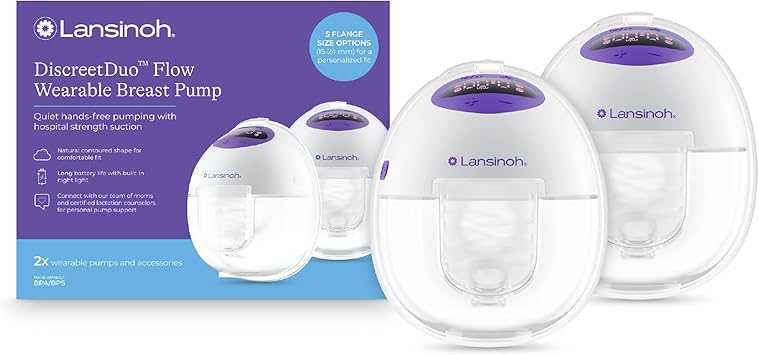 مضخة الثدي القابلة للارتداء Lansinoh DiscreetDuo Flow | مضخة كهربائية بدون استخدام اليدين، هادئة وقابلة لإعادة الشحن | شفط على مستوى المستشفى بأحجام شفة متعددة | أساسيات الرضاعة الطبيعية والضخ