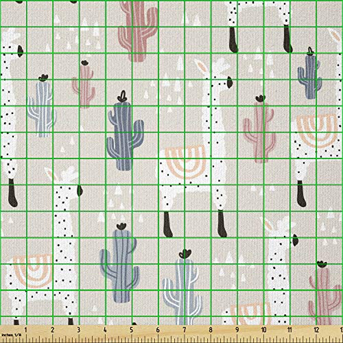 Image of Ambesonne Llama Fabric by The Yard, Pattern South American Animal Guanaco Cactus and Hand Drawn Childish Elements, Stretch Knit Fabric for Clothing Sewing and Arts Crafts, 2 Yards, Beige Coral