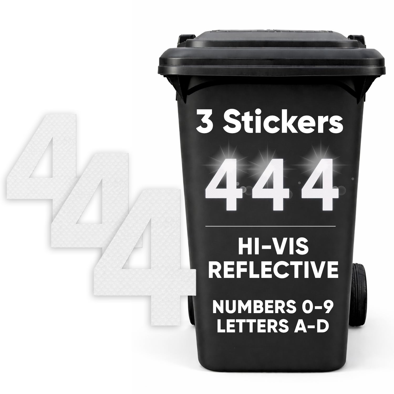 3PK Silver Hi Vis Bin Numbers for Wheelie Bins – 0-9, Letters A-D, 17cm Reflective Dustbin Stickers – Easy Application Stick On Number Stickers - Weatherproof Self Adhesive Vinyl (4)