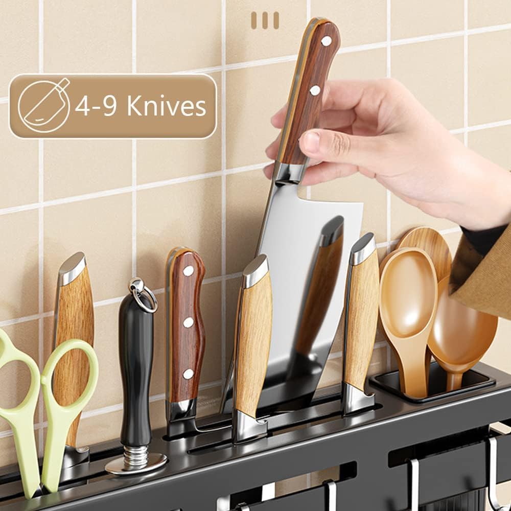 KEMLOZE Metal Spoon Holder Organiser for Kitchen, Kitchen Shelf Wall Mount Knife Holder With Towel Hanger, Spatulas Hanging Hooks, Multi-Purpose Cutlery Holder Storage Rack 1