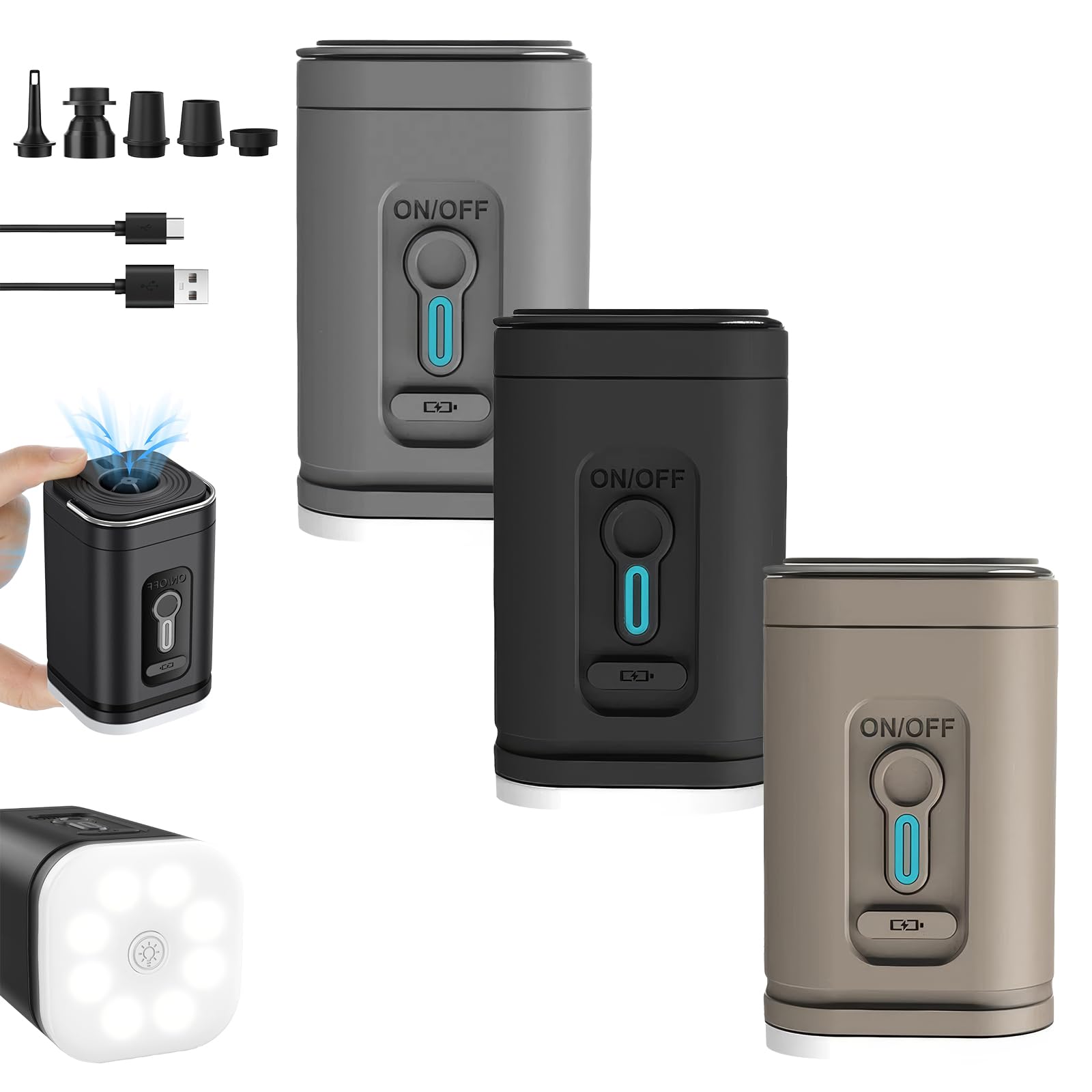 Pompa ad aria da campeggio, portatile, ultra-mini, con batteria da 1200 mAh, ricaricabile tramite USB, per gonfiare e sgonfiare per piscina, materasso, anello da nuoto, sacchetti sottovuoto