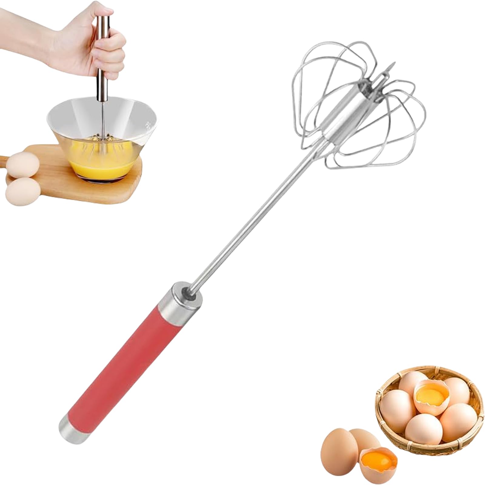 Stainless Steel Semi-Automatic Whisk, Kitchen Egg Beater Whisk, Hand Mixer, Egg Scrambler Push Whisks for Cooking, Hand Whisks for Baking Making Cream Beating and Stirring (Red, 10inch)