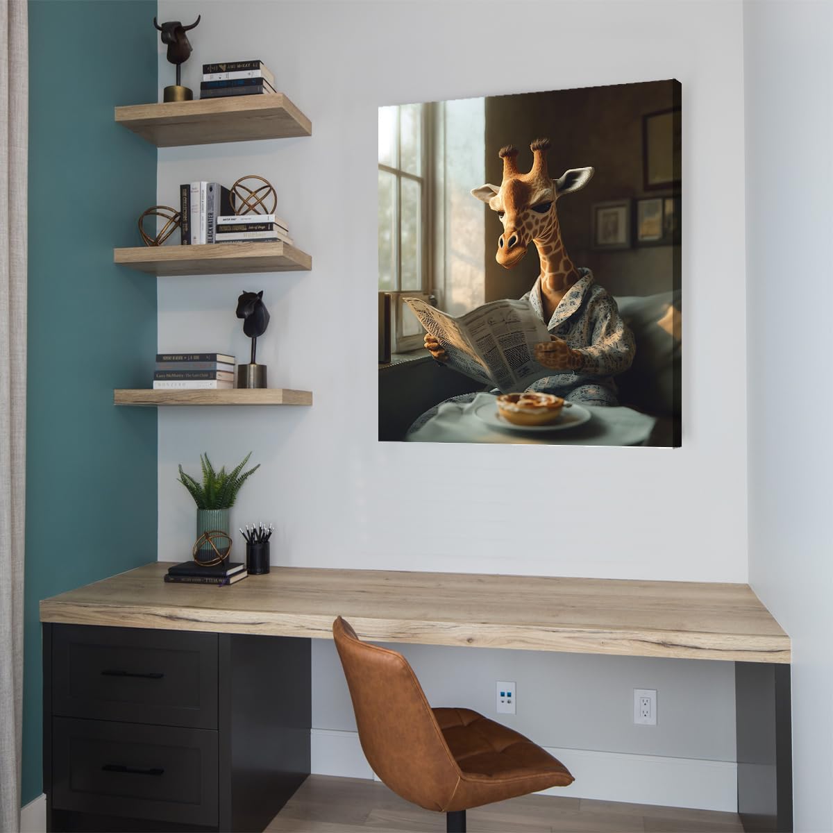 Przytulne sceny wewnętrzne surrealistyczne plakaty fantazyjne ilustracje ścienne z żyrafami ciepłe i zabawne płótno ze zwierzętami w stylu vintage do nauki w salonie rama wewnętrzna 45 x 60 cm