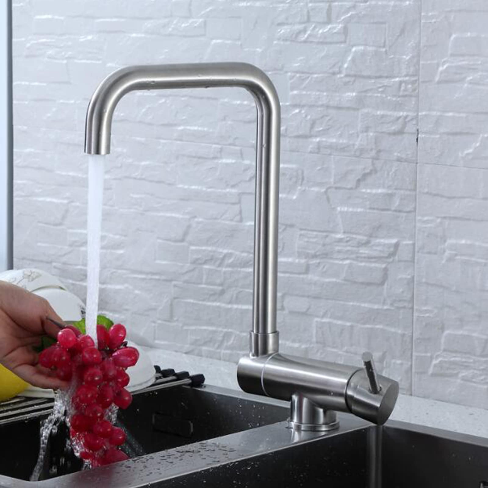 Sink Mixer Tap Folding Spout 360° Rotating In Brushed Nickel Steel Folding Kitchen Tap For Sink Against Window 72324341 - View #7