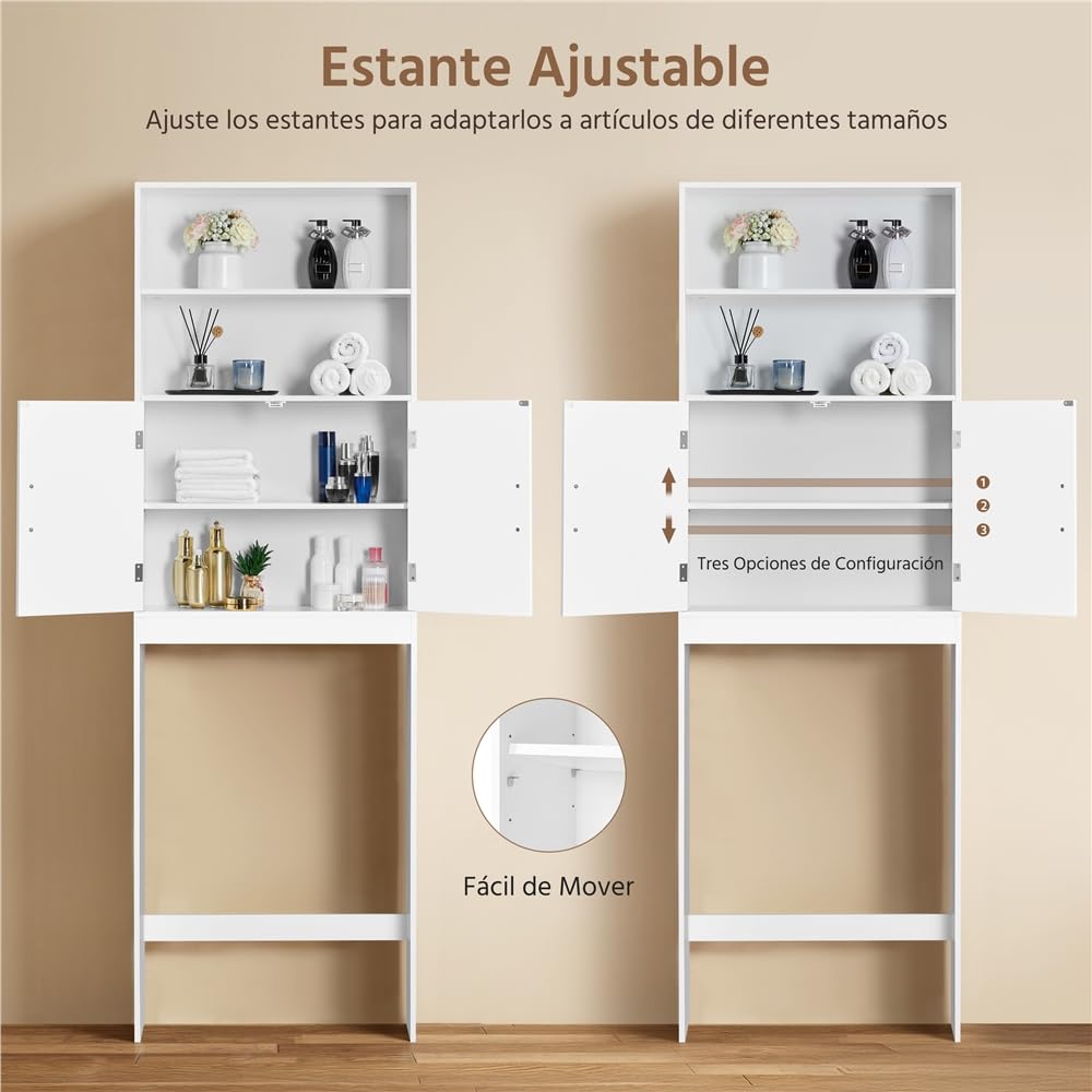 Yaheetech Mueble sobre Inodoro 72x20x195 cm con Estante Ajustable y 2 Puertas Armario para el Inodoro Almacenamiento sobre el Inodoro WC Mueble para Baño