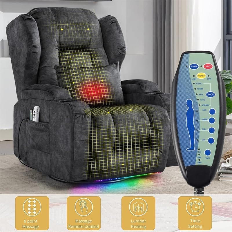 Oversized PU Leather Big Large Recliner with Massage and Heat for Adults, Faux Leather Single Sofa with Overstuffed Arms and Back for Living Room Easy Assembly