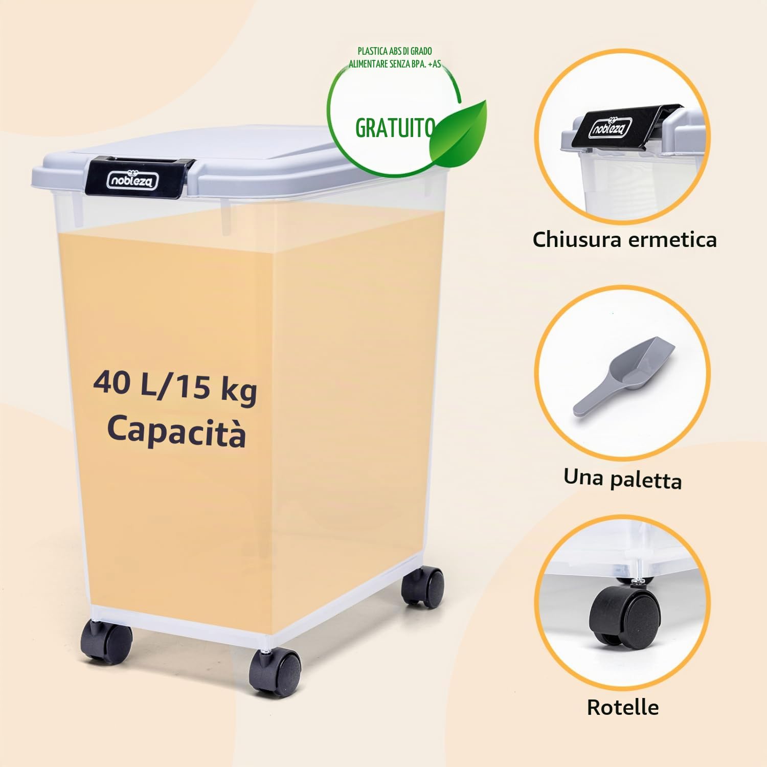 Nobleza - Contenitore per Animali da 20L+40L， Animali Domestici Scatola di Alimenti con Ruote Contenitore， Coperchio Ribaltabile， Ermetico， Trasparente， Ruote e Pala， per Cibo per Cani e Gatti， Grigio