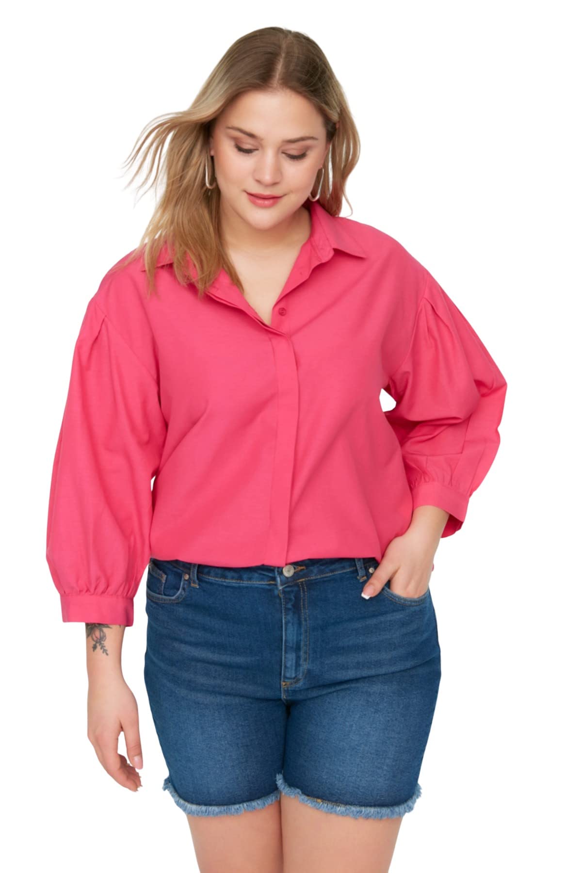 Trendyol Women Plus Size Relaxed fit Basic Shirt Collar Woven Plus Size Shirt Fuchsia