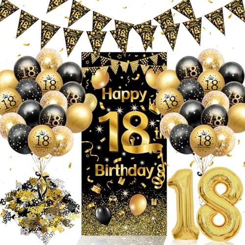 18. Geburtstag Deko Set Schwarz Gold - Komplette Geburtstagsparty Dekoration für Jungen & Mädchen mit Riesen Hintergrundbanner, Dreiecksgirlande, Zahlenluftballon, Luftballons und Konfetti