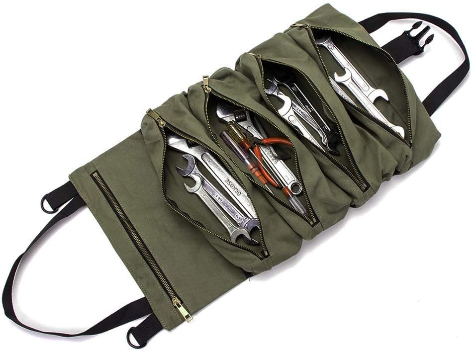 Heavy Duty Roll Up Tool Bag for Men, Canvas Wrench Organizer with Multiple Zipper Pouches, Portable Mechanic Tool Storage Carrier for Garage, Car Repair, Camping & Electrician Tools-image-47