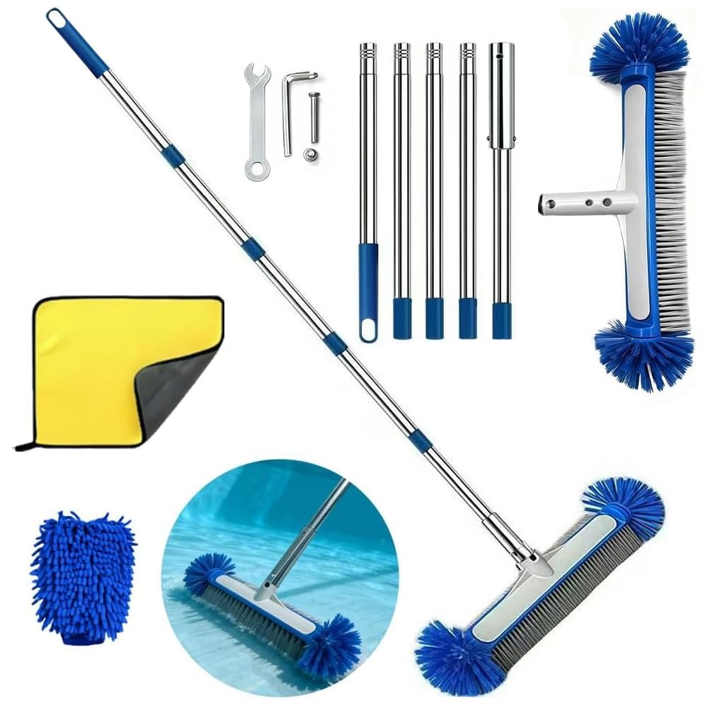 Brosse de Piscine avec Tige télescopique de 194 cm de Long, Balai de Piscine de 43 cm, Tête de Brosse de Piscine avec Perche Amovible avec Tige en Acier Inoxydable réglable en Longueur - 1