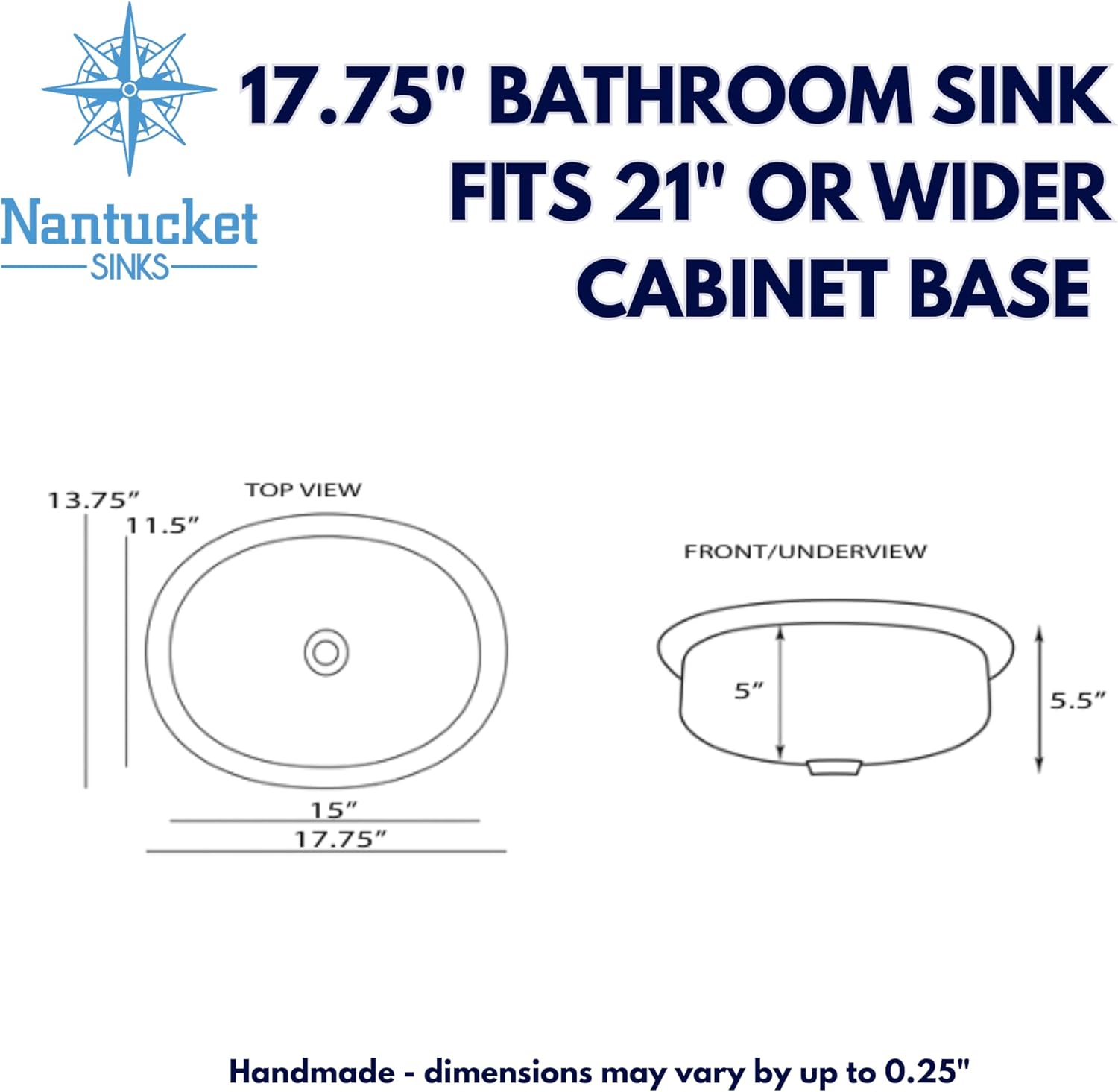 Nantucket Sinks Hand Hammered Stainless Steel Bathroom Sink – 17.75x13.75" Oval Bowl Bath Vanity Sink, Drop In or Undermount, w/Overflow, Handmade, 18 Gauge, Interior Damp – OVS-OF Brightwork