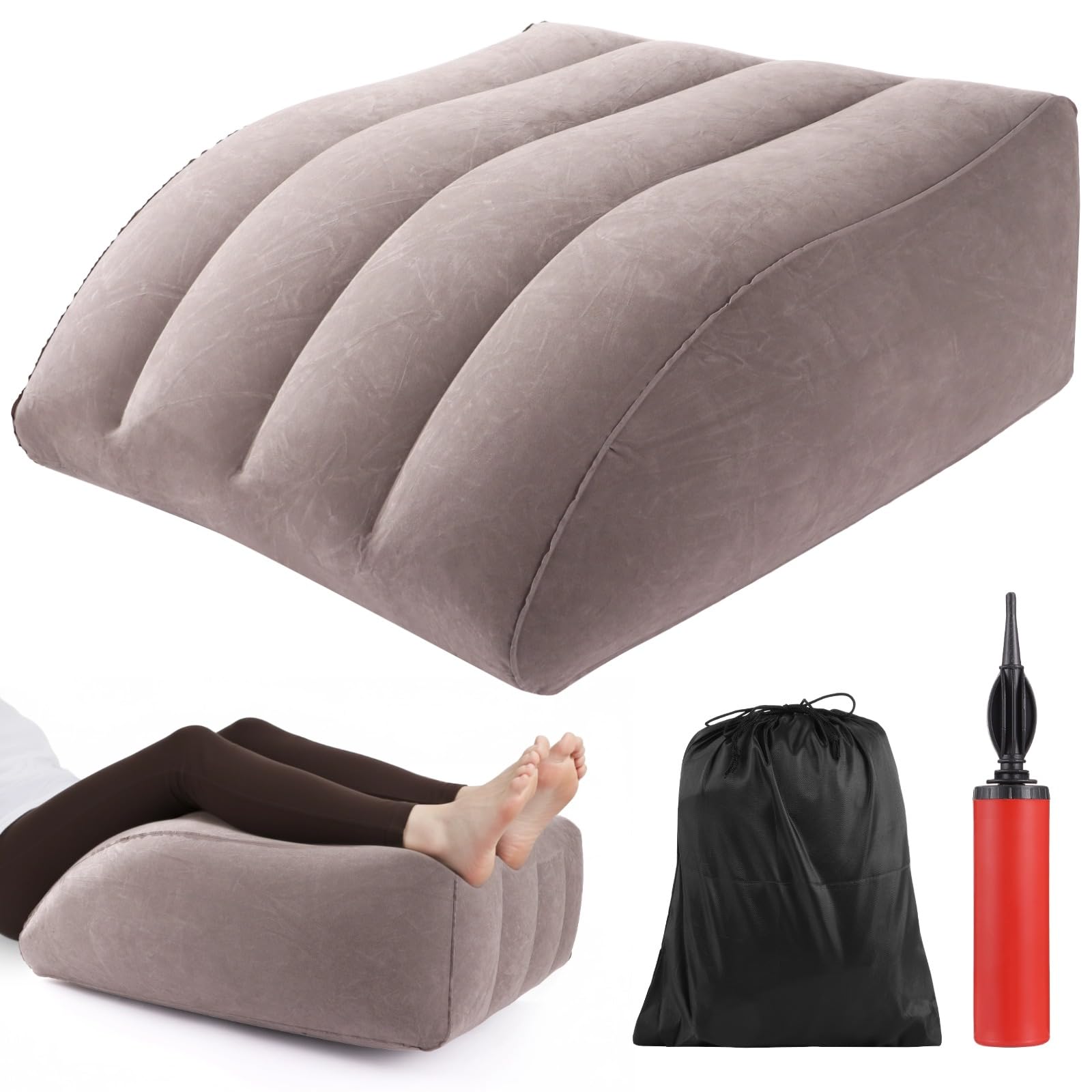 Oreiller gonflable pour surélever les jambes avec sac de rangement, coussin cale à 45° avec pompe à air, gris, repose-jambes après opération pour soutien des genoux et du dos, 25,6 x 22,8 x 9,8 in