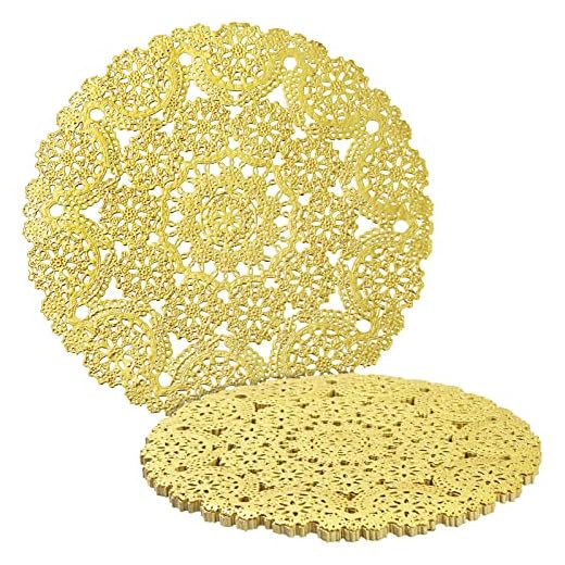 60 Pack Gold Paper Doilies 10 inch, Round Medallion Lace, Wedding Decorative Placemats