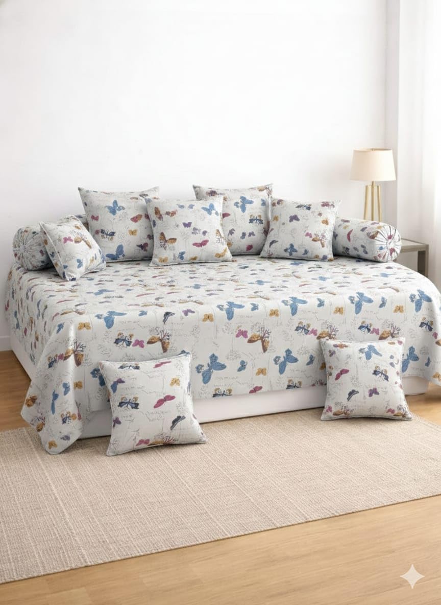 Sands 220 TC Cotton Diwan Cover Set, Single Bedsheet 60x90 inch, 5 Pillows 16x16 inch, 2 Bolster Covers 16x32 inch, Floral Print, Glace Cotton, Rectangular, 8 Pieces-image-7