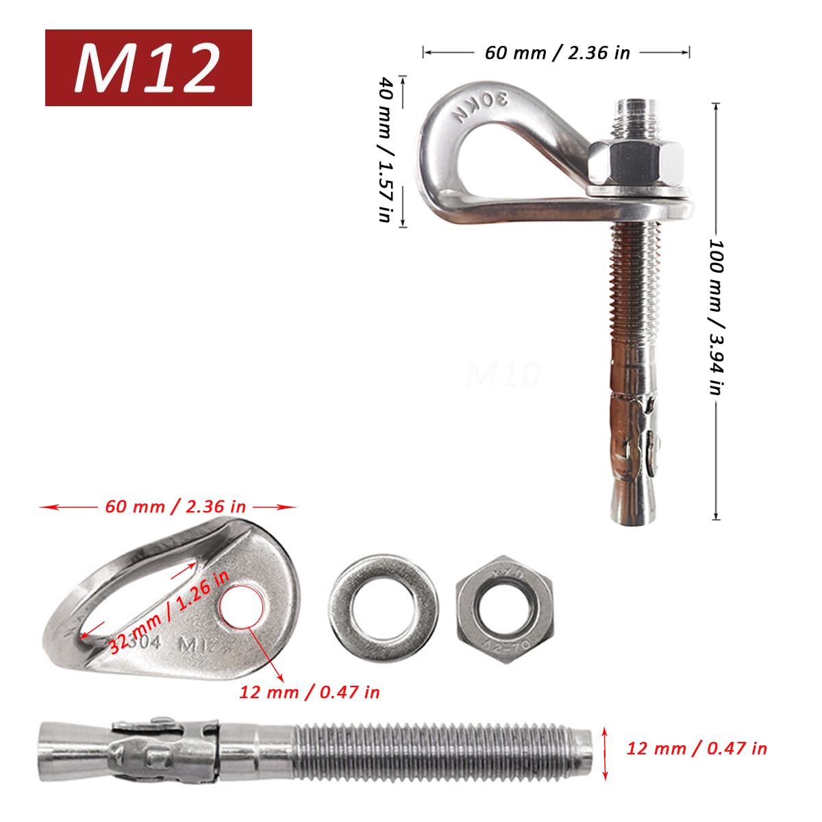 304 Stainless Steel Climbing Anchor Bolt, 30KN Rock Climbing Bolt Hanger, Climb Fastening Bolt Safe Fixed Point, 4 Set Rock Climbing Holds
