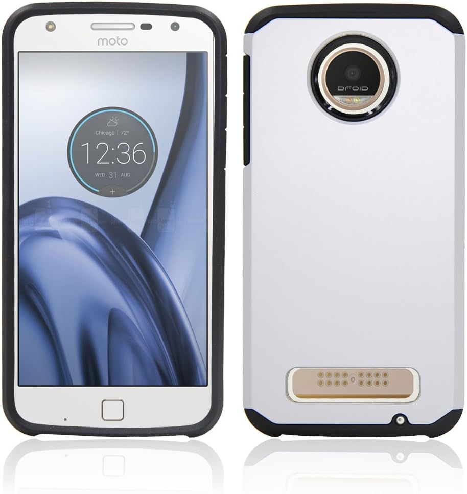 Telegaming Moto Z Play Case, Heavy Duty Dual Layer Hybrid Armor Case Protective Hard Skin Shockproof Cover + Screen Protector + Stylus for Motorola Moto Z Play Droid Silver