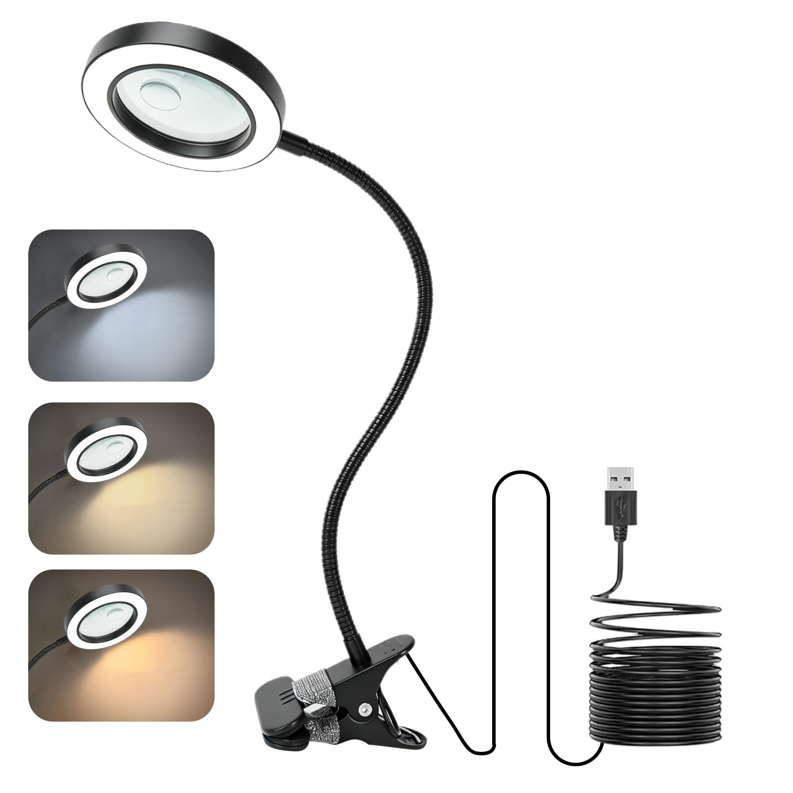 10X 20X Dual Lens Magnifying Glass with Light, 3 Color Modes Dimmable Magnifying Desk Lamp with Gooseneck & Clamp, Hands-Free Magnifier with Light for Hobbies Crafts Reading Sewing Close Work