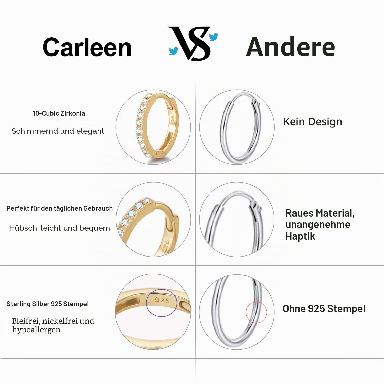 Carleen Damen Creolen Ohrringe Knorpel Klein aus 925 Sterling Silber Gold Plattiert mit Rundschliff Cubic Zirkonia Schmuck - Durchmesser: 13 mm
