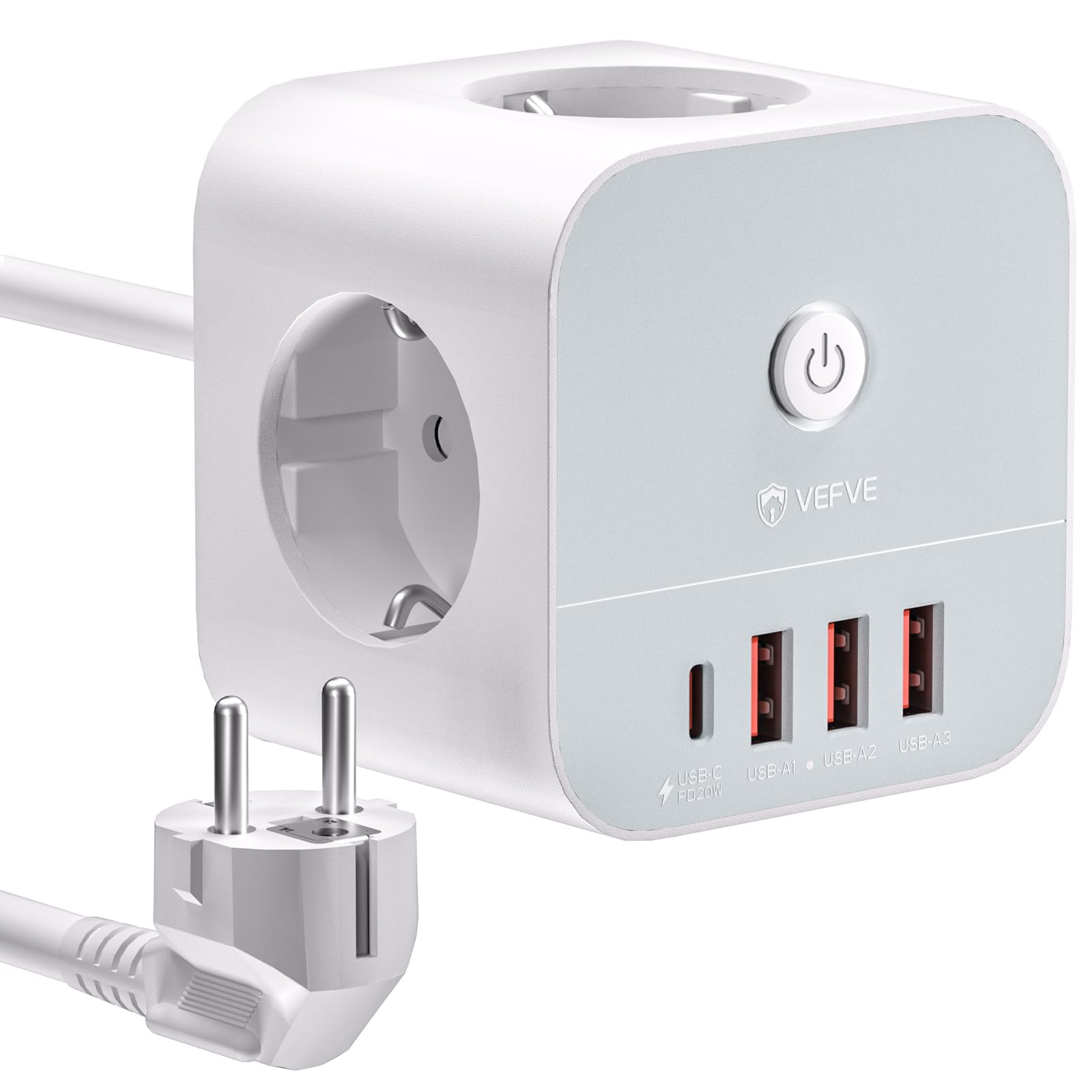 VEFVE Steckdosenwürfel mit 5m Kabel, 7-in-1 Mehrfachsteckdose Würfel mit USB C (20W PD Schnellladen), Würfelstecker mit 3 Steckdosen (3680W) & 4 USB, Steckdosenleiste mit Schalter, Weiß