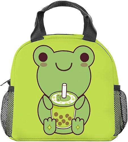 Lonchera con diseño de rana para niños, lonchera aislada para niñas y niños, color verde, reutilizable, pequeña con correa para el hombro, para la