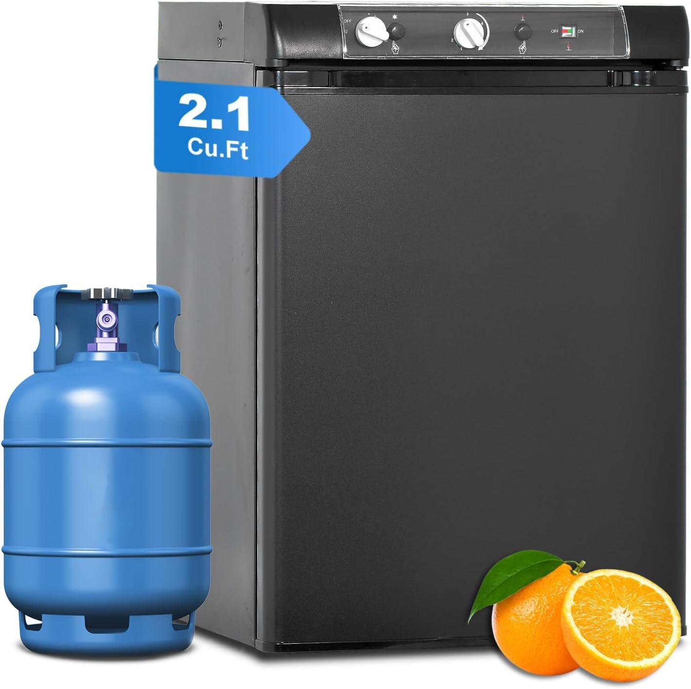 Smad XC-60G 3-Way RV Refrigerator with a gas tank and oranges