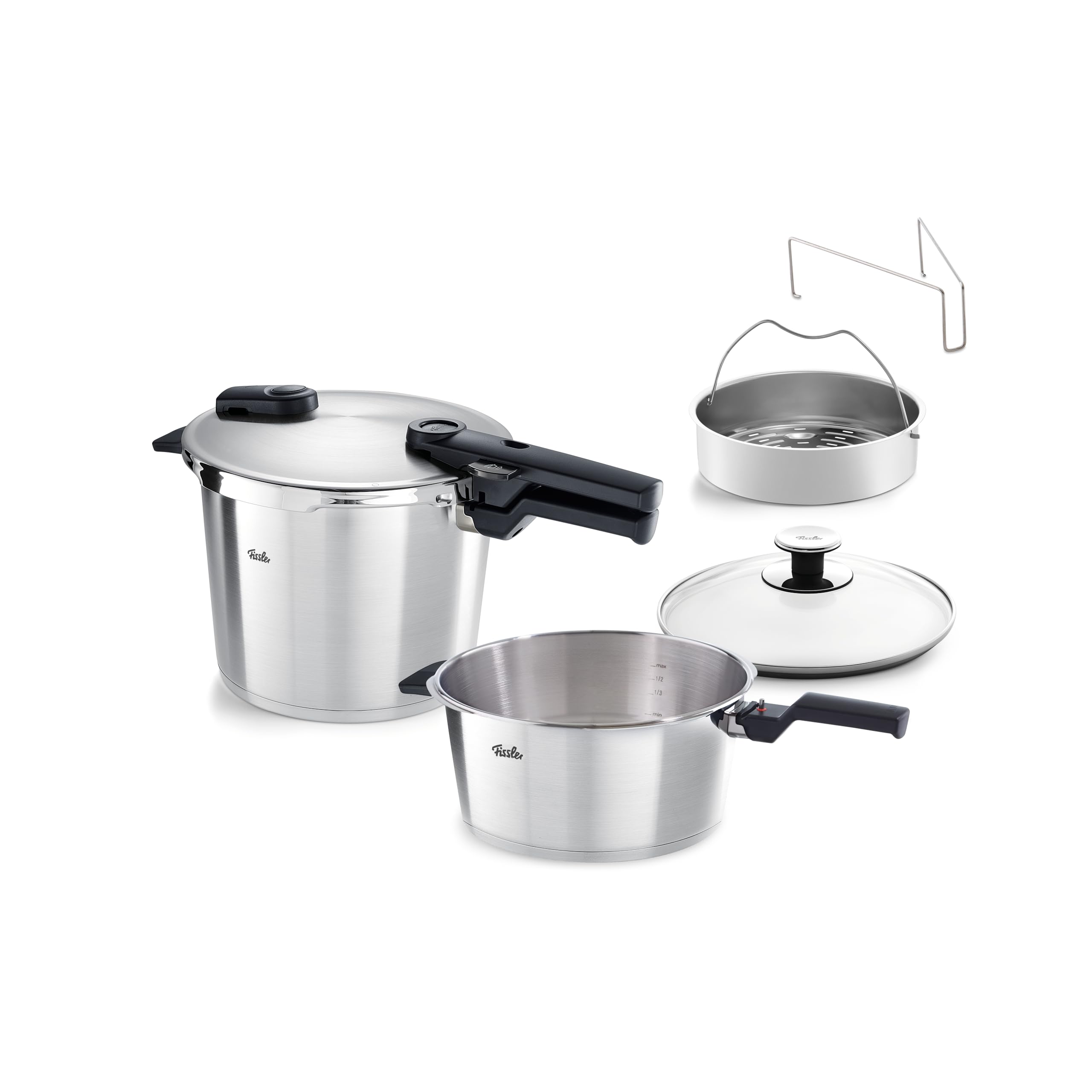 Fissler Vitaquick Premium/Schnellkochtopf-Set 2-teilig, Ø 22 cm (Schnellkochtopf 6 L + 3,5 Liter) m. Einsatz, Zusatz-Glasdeckel, 2-Garstufen, Made in Germany - Induktion