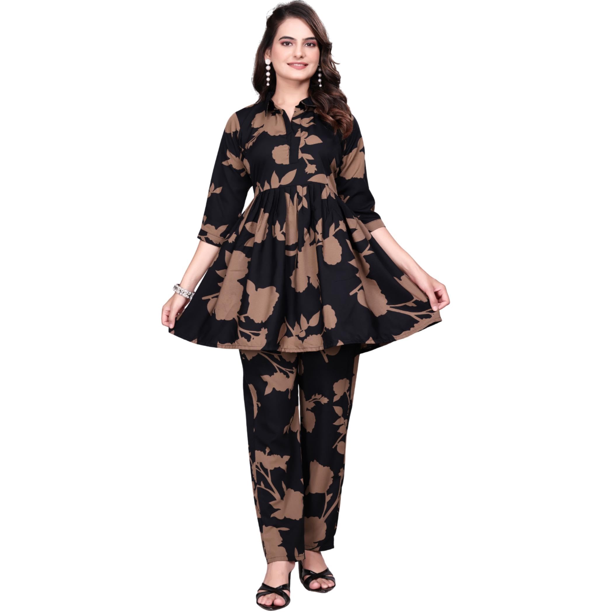 rangmohini Women Crepe 3/4 Sleeves V Neck Co-Ord Set Featuring Floral Pattern Design 2 Piece Ethnic Wear Set-picture-21