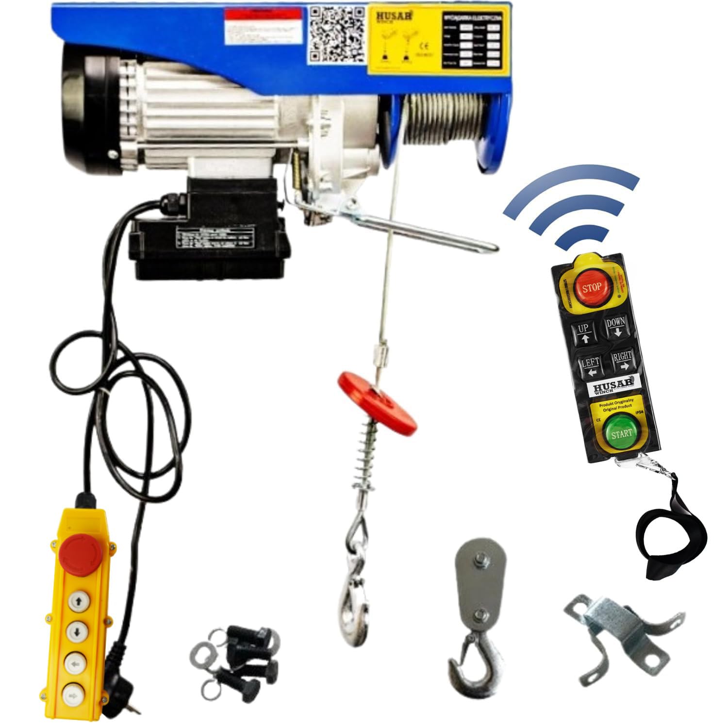Wyciągarka Elektryczna 230V, uciąg 150/300 kg, Moc 650W, wysokość podnoszenia 18m, HOIST Wciągarka Warsztatowa - Lina 18m x 3mm, IP54 (Sterowanie Bezprzewodowe, 300/600 kg)
