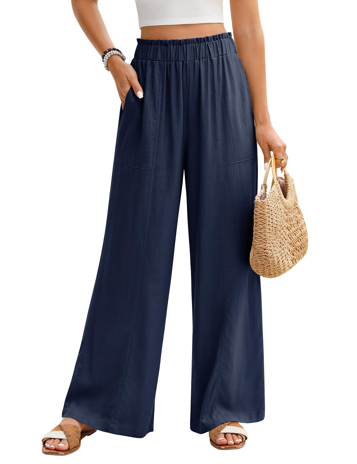 PASUDA Leinenhose Damen Sommer Hosen Leicht Weite Bein Palazzo Hose Elastisch Taille Dehnbar Elegante Sommerhose Lockere Geschnitten Luftige Strandhose Freizeithose mit Taschen