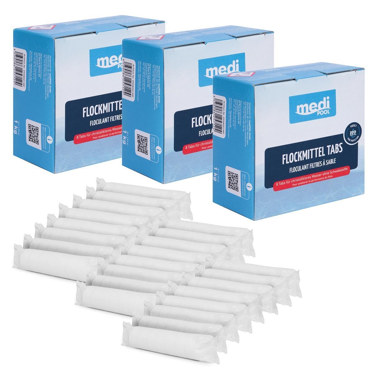 Medipool Flockmittel Tabs 3X 1 kg, gegen Trübungen, Machen feine Partikel filtrierbar, effektive Wasserpflege für Pools mit Sandfilteranlagen, einfache Anwendung, 24x 125g