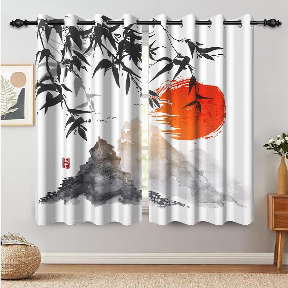 DORCEV Japanese Curtains Ink Painting Mt. Fuji Red Sun Sunset Bamboo Leaves Window Drapes for Bedroom Living Room Asian Japanese Style Kitchen Curtains Treatment Sets Decor,42x63 inch,2 Panels