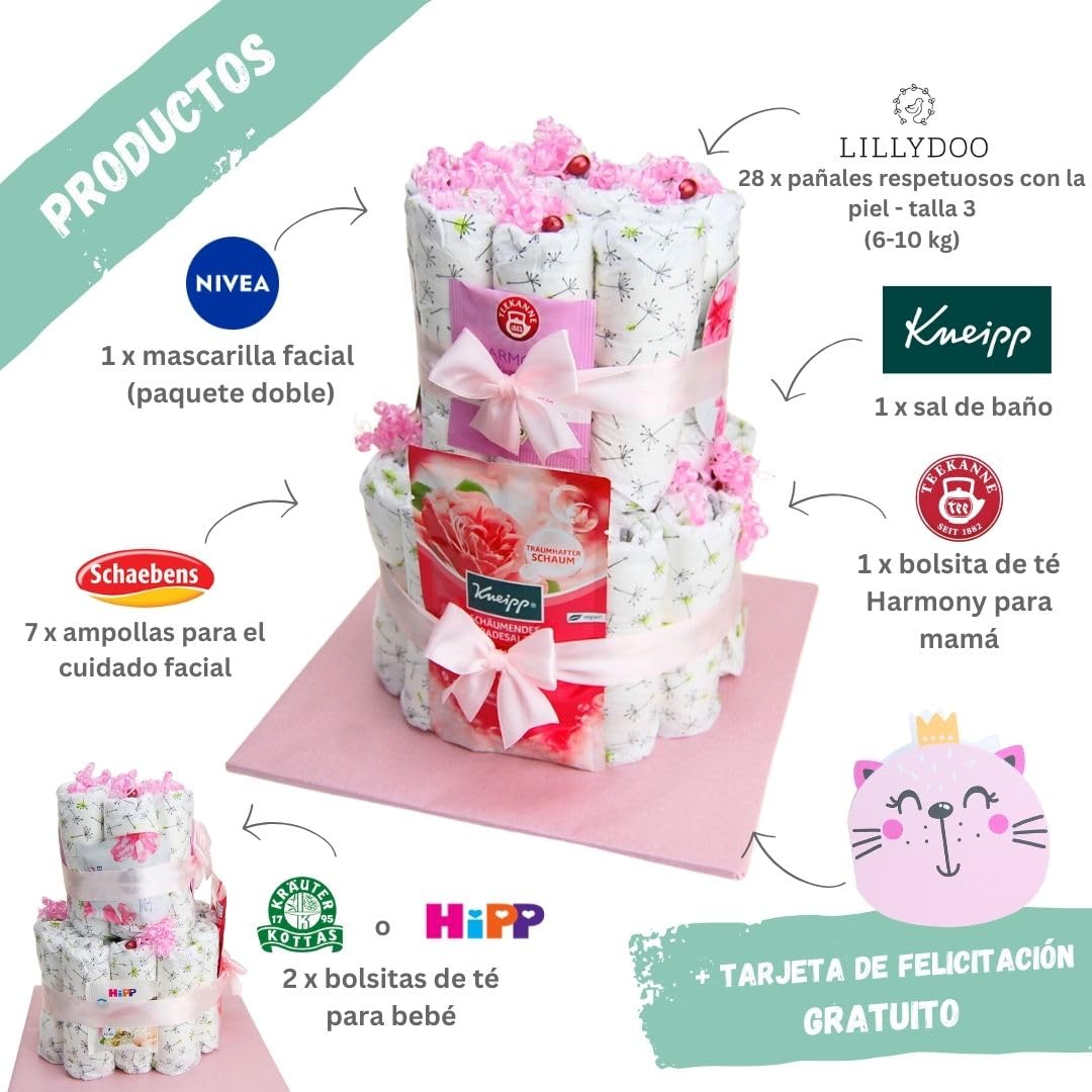myBambini ® Tarta de Pañales para MAMA Y BEBÉ - Niños y Niñas - Unisex Neutro - Regalo de Nacimiento - Fiesta de Bebé - Productos para Bebé - Pañales - Cesta de Regalo - Comprar Tarta