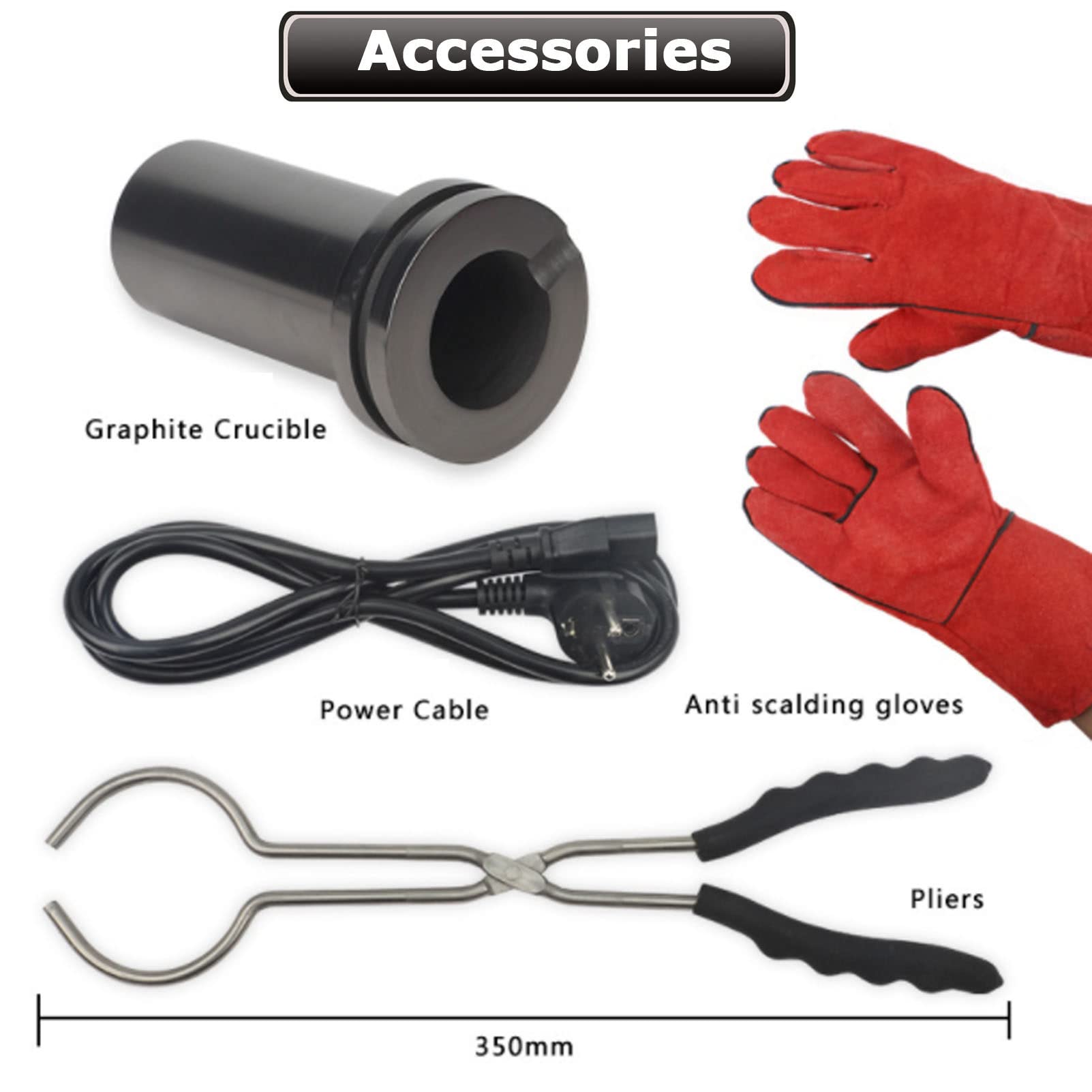 Metallschmelzofen-Komplettset mit Tiegelzange, hitzebeständige Handschuhe, Raffinierungsgussofen für Schmelzschrott, Silber, Gold, Kupfer, Aluminium, Schwarz, kein Netzwerk (rot, kein Netzwerk) (