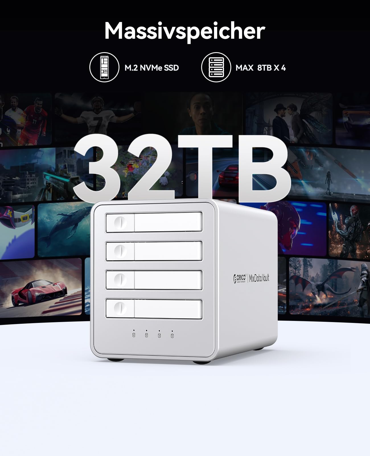 ORICO All-Flash 2.5-Festplattengehäuse 40Gbps SSD NVMe M.2 Externes Festplattengehäuse mit bis zu 32 TB Festplattengehäuse für 4K/8K Videobearbeitung Festplatten Docking Station -8848U4