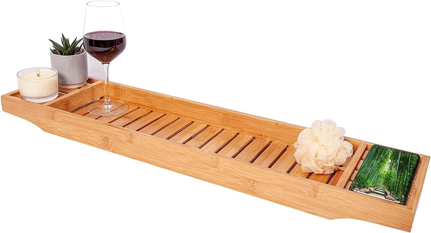 Vivaas Natural Wooden Bath Caddy Tray Bridge Bamboo Bathtub Tray Rack Tidy Bathroom Shelf Organizer Storage Bath Table For Reading, Tablet, Kindle, Wine Glass Bath Accessories (Natural)