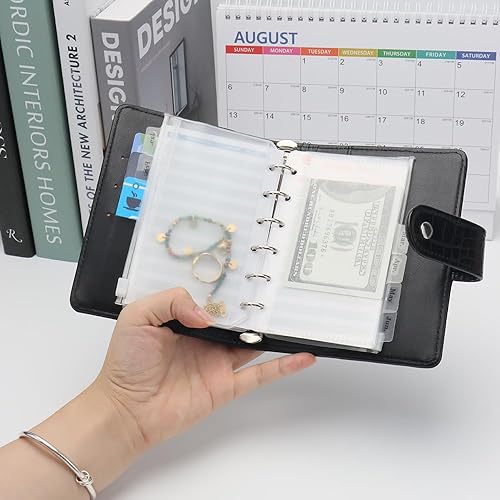 Miniatura 10 de Carpeta de presupuesto de cocodrilo A7, carpeta planificadora de cuero rosa, carpeta de 6 anillos con cierre a presión, sistema de sobres de relleno