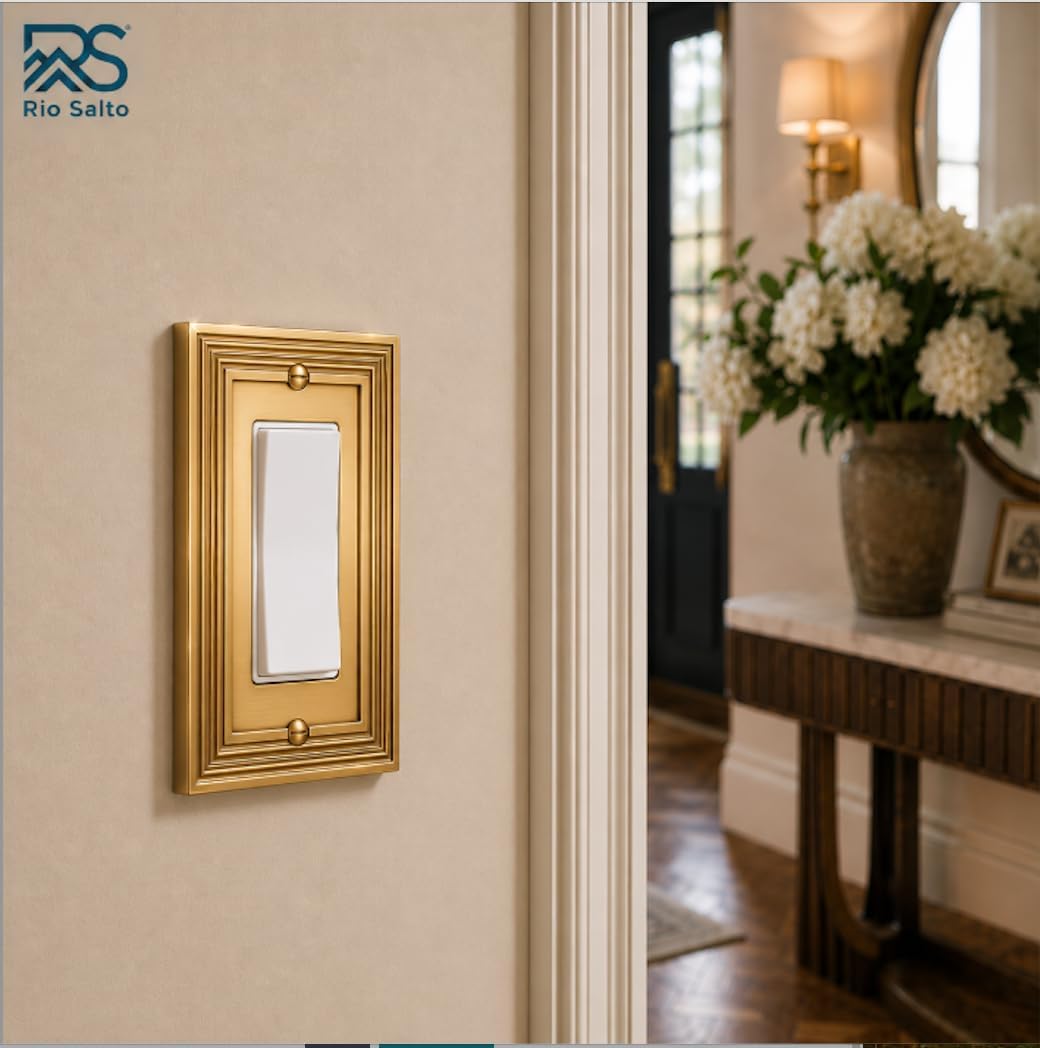 Rio Salto Gold Decorative Light Switch Cover Plate Rocker Decorator Paddle GFCI Brushed Brass Gold Metal Wall Plates Wall Plate Cover — Estate Collection, Midsize, 5.00" X 3.13"