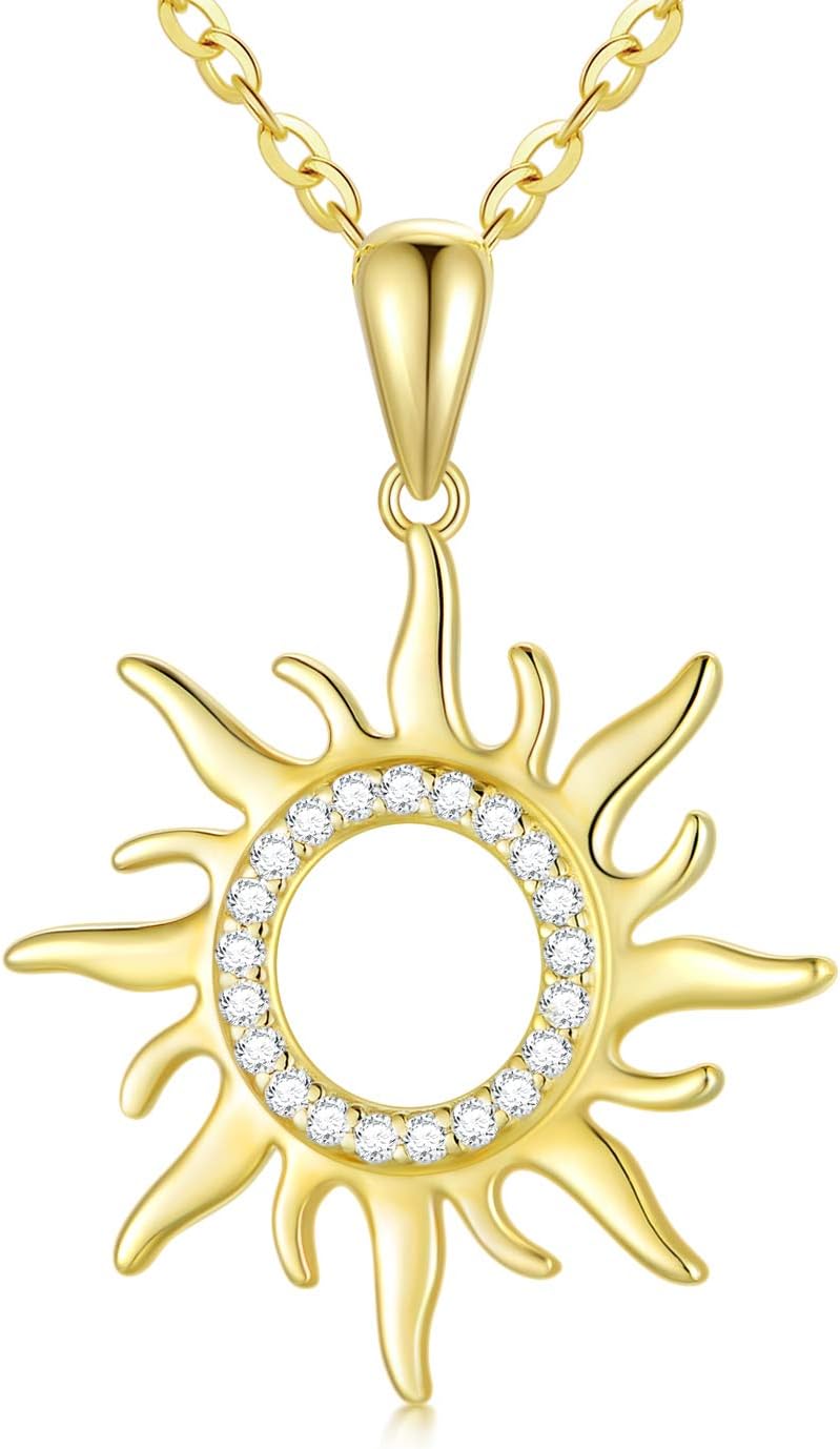 Blocaci 14K Gold Sun Necklaces for Women with Moissanite Sun Pendant Necklace, 16”-18”