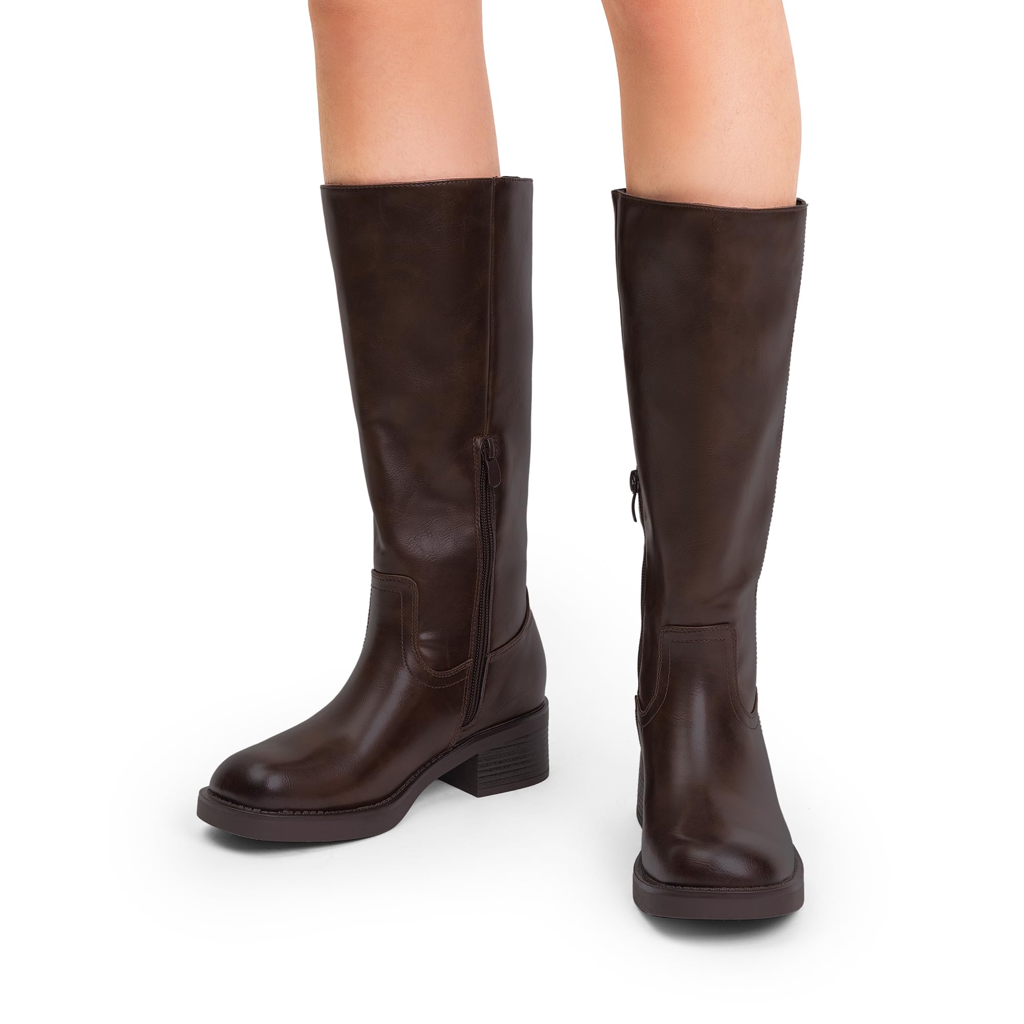 DREAM PAIRS Botas altas hasta la rodilla para mujer, plataforma de punta cuadrada, tacón grueso, botas de campus de plátano para mujer, cómodas botas altas de equitación con cremallera lateral