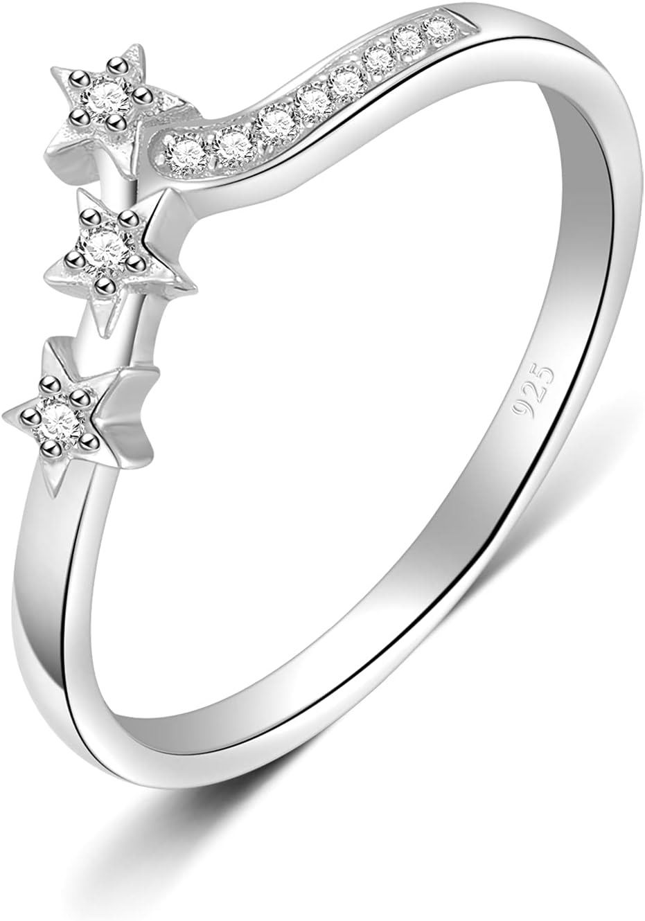 925 Sterling Silver Ring, Chevron Wave Three Star Cubic Zirconia CZ Comfort Fit Wedding Band Ring Size 4-12