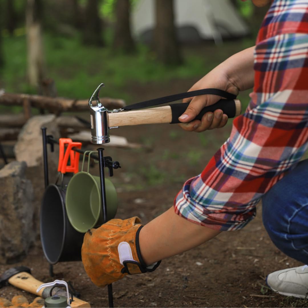 Marteau de camping pour tente de camping, tête en acier de haute qualité et poignée en bois massif avec poignée rembourrée, marteau de tente avec sangle de sécurité, maillet robuste (cuivre + kit de 8