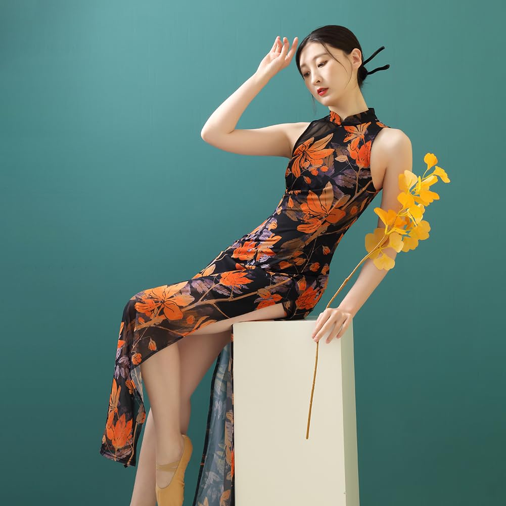 ROYAL SMEELA Vestito Qipao Senza Maniche Donna Abito Cheongsam Stampa Sexy Abito Qipao Cheongsam Tradizionale Cinese Costume Cinese Nero Vestito Cheongsam Cinese Qipao Fessura Abito Qipao Lungo