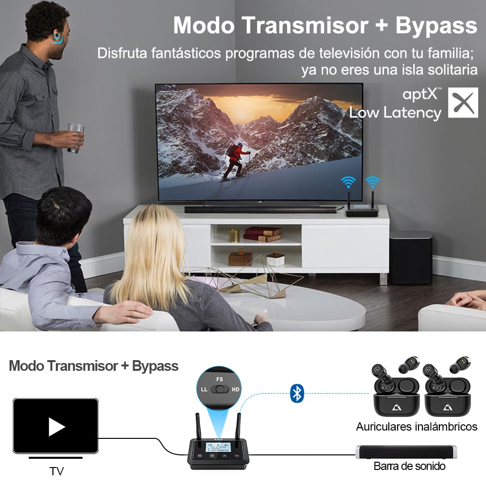 1Mii B03+ Transmisor Receptor Bluetooth para TV y Equipo HiFi, Adaptador Bluetooth 5.3 Largo Alcance para Audio TV con Pantalla, aptX Low Latency & HD & Adaptive, Entradas/Salidas Óptica RCA AUX 3,5mm